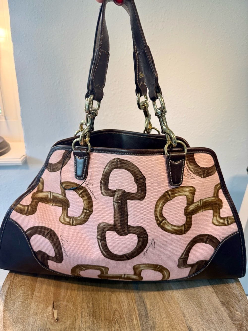 Authentic Gucci Pink Horsebit Bamboo Printed Jackie O Bouvier Shoulder Bag